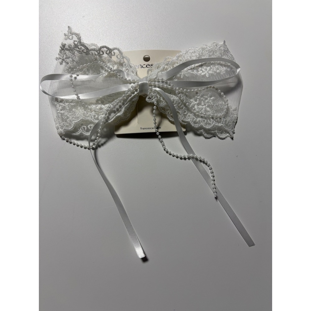 Francescas White Lace Bridal Hair Bow Clip with Faux Pearls and‎ Satin Ribbon